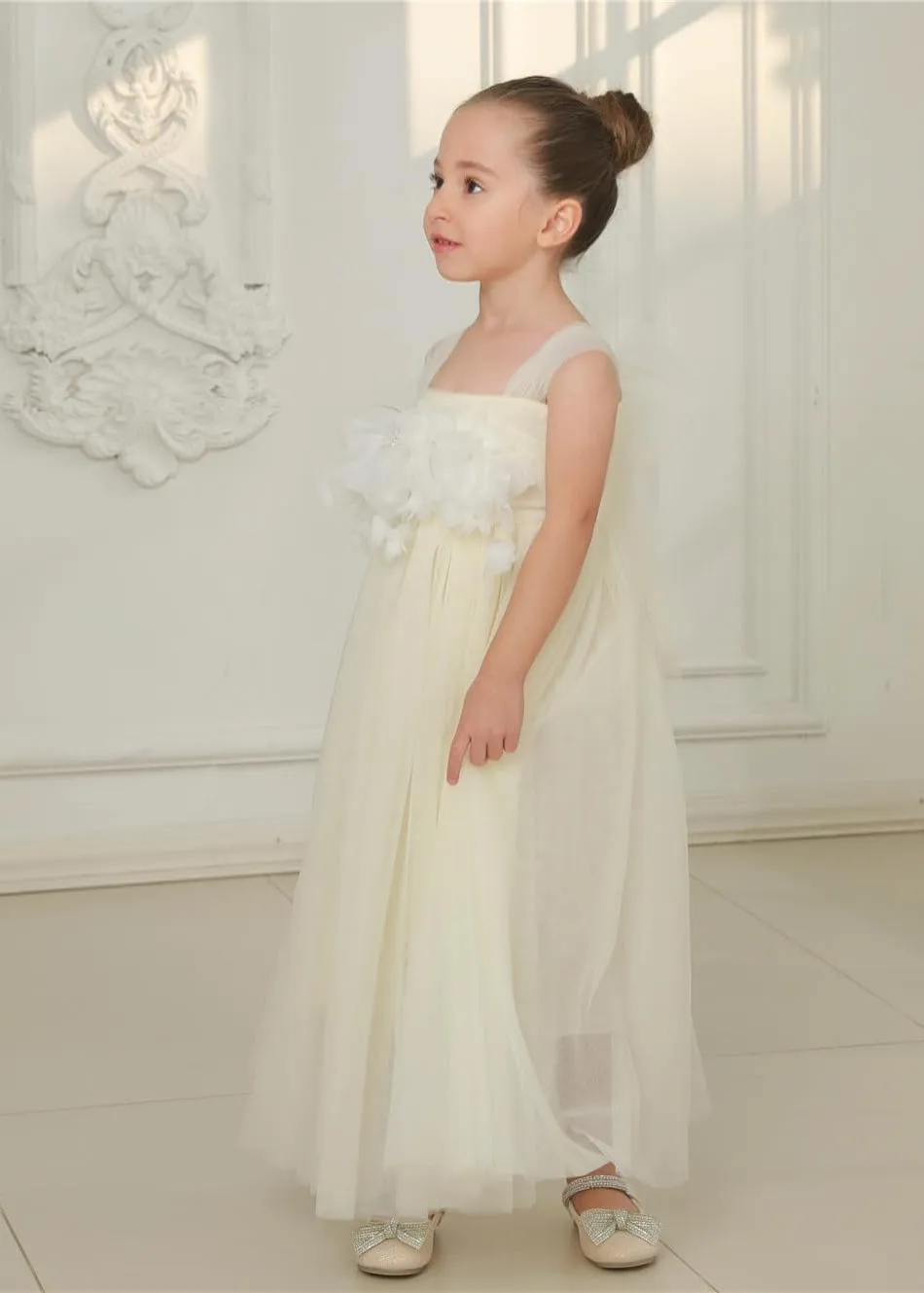 Lily Adjustable Strap Girl Dress in Ivory Maxi 3D Flower Petal