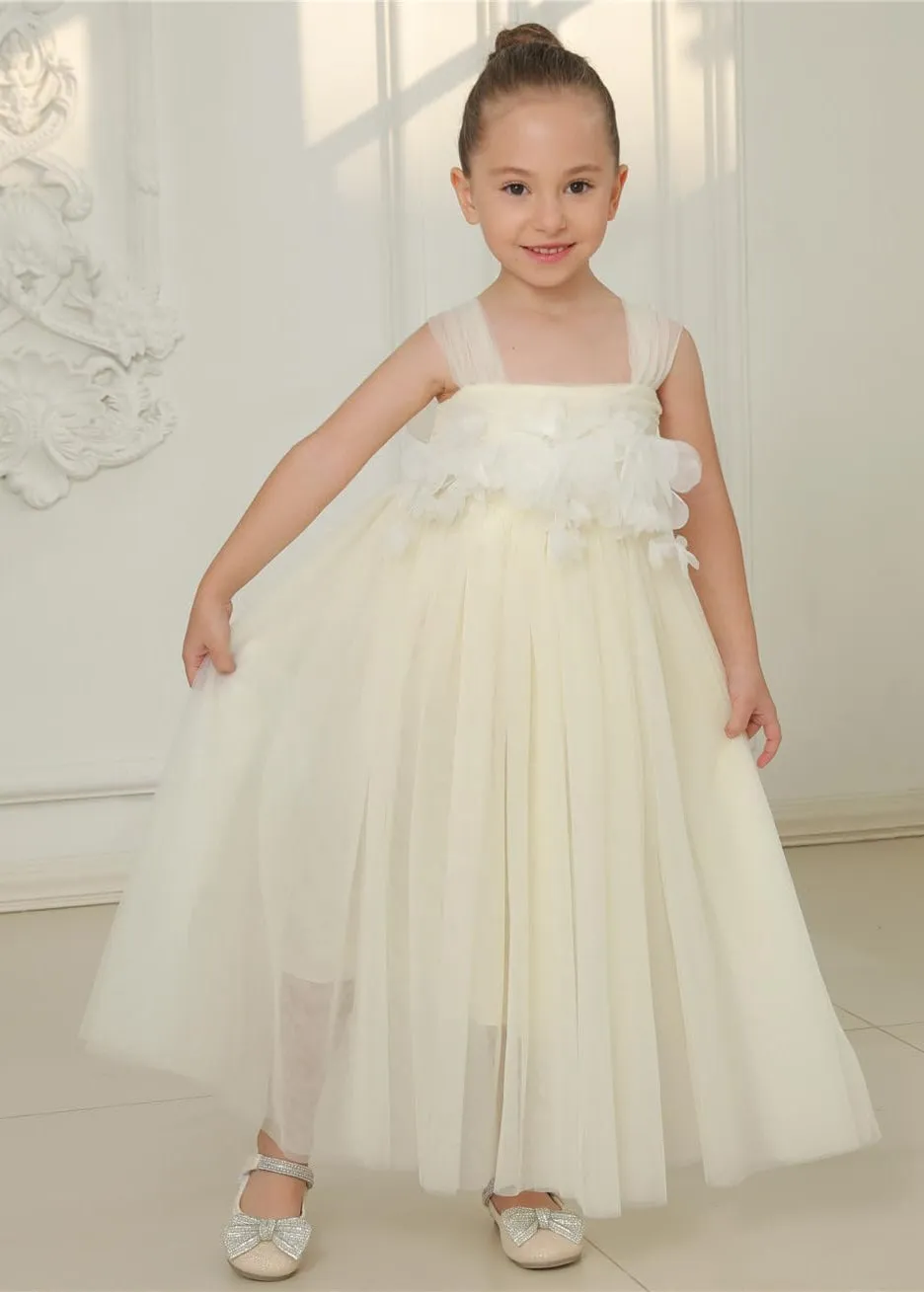 Lily Adjustable Strap Girl Dress in Ivory Maxi 3D Flower Petal