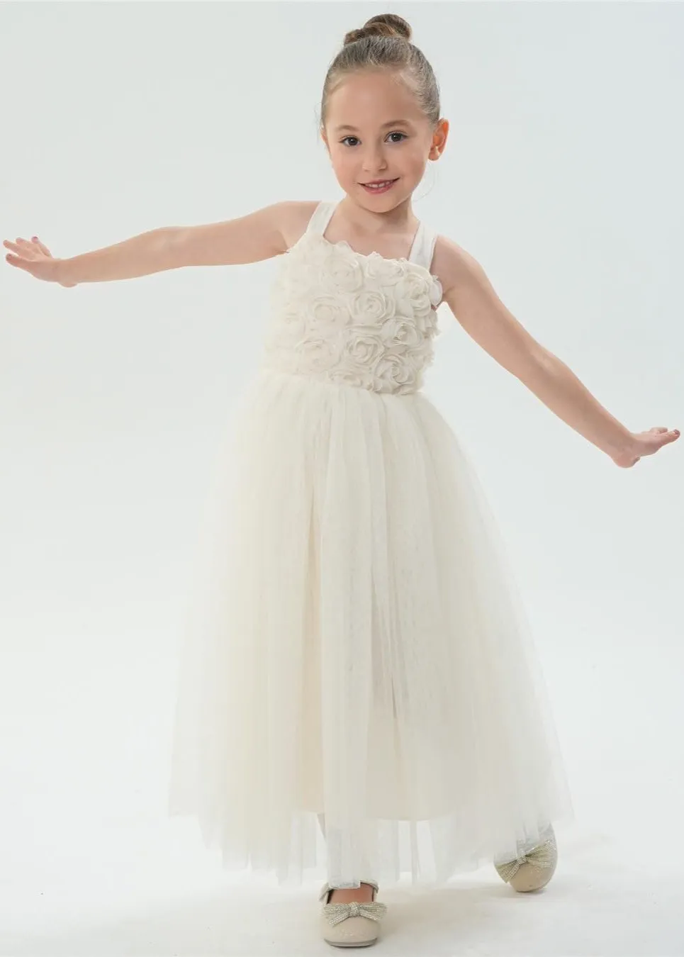 Lily Adjustable Strap Girl Dress in Ivory Maxi 3D Flower