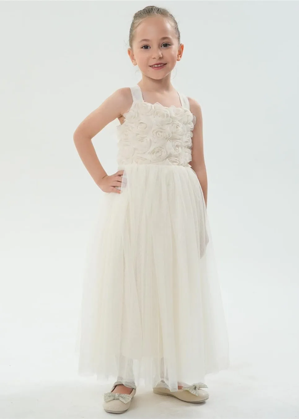 Lily Adjustable Strap Girl Dress in Ivory Maxi 3D Flower