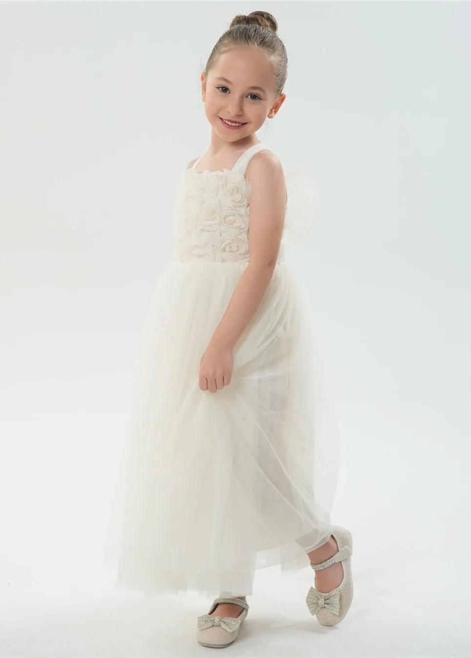 Lily Adjustable Strap Girl Dress in Ivory Maxi 3D Flower