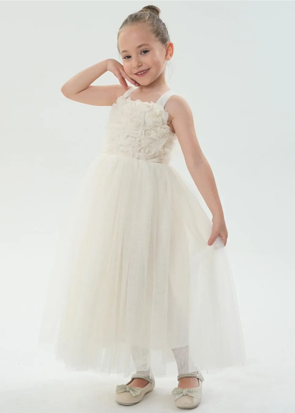 Lily Adjustable Strap Girl Dress in Ivory Maxi 3D Flower