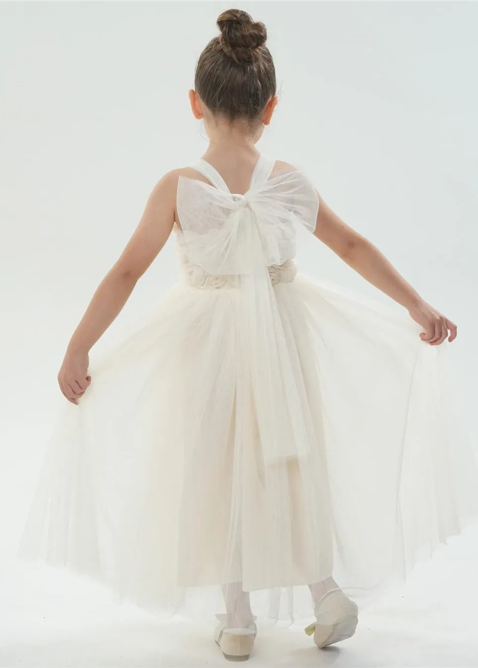 Lily Adjustable Strap Girl Dress in Ivory Maxi 3D Flower