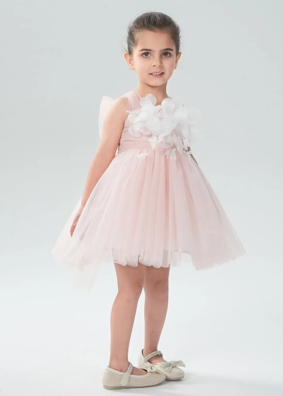 Lily Adjustable Strap Girl Dress in Pink 3D Flower Petal