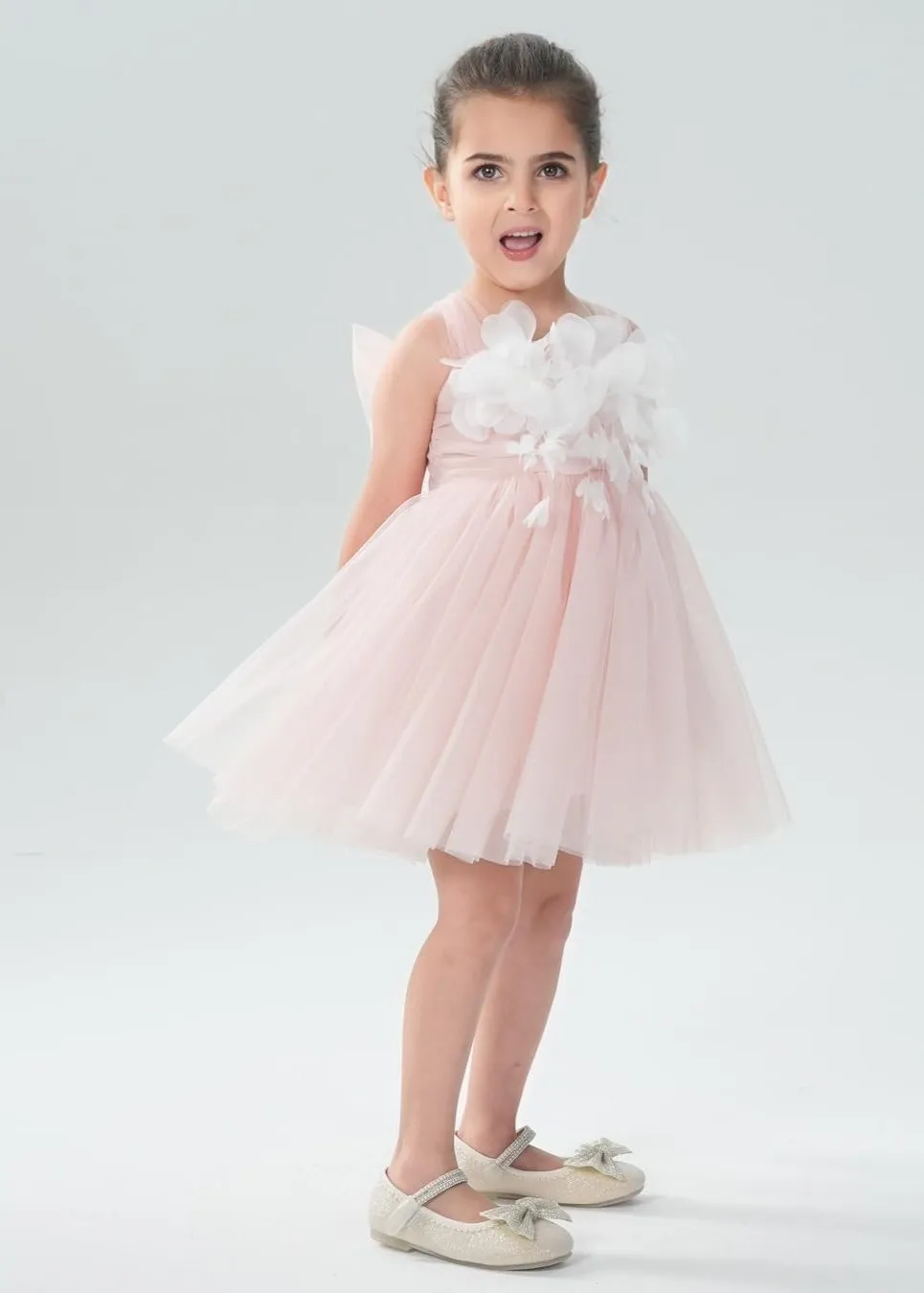 Lily Adjustable Strap Girl Dress in Pink 3D Flower Petal
