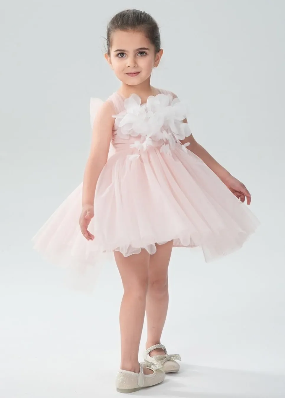 Lily Adjustable Strap Girl Dress in Pink 3D Flower Petal