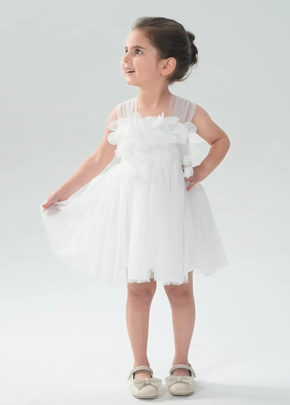 Lily Adjustable Strap Girl Dress in White 3D Flower Petal