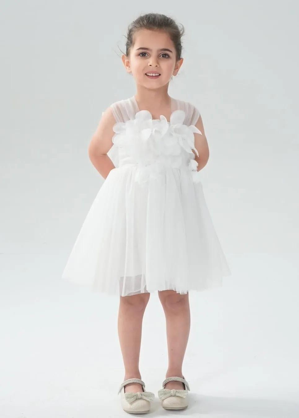 Lily Adjustable Strap Girl Dress in White 3D Flower Petal