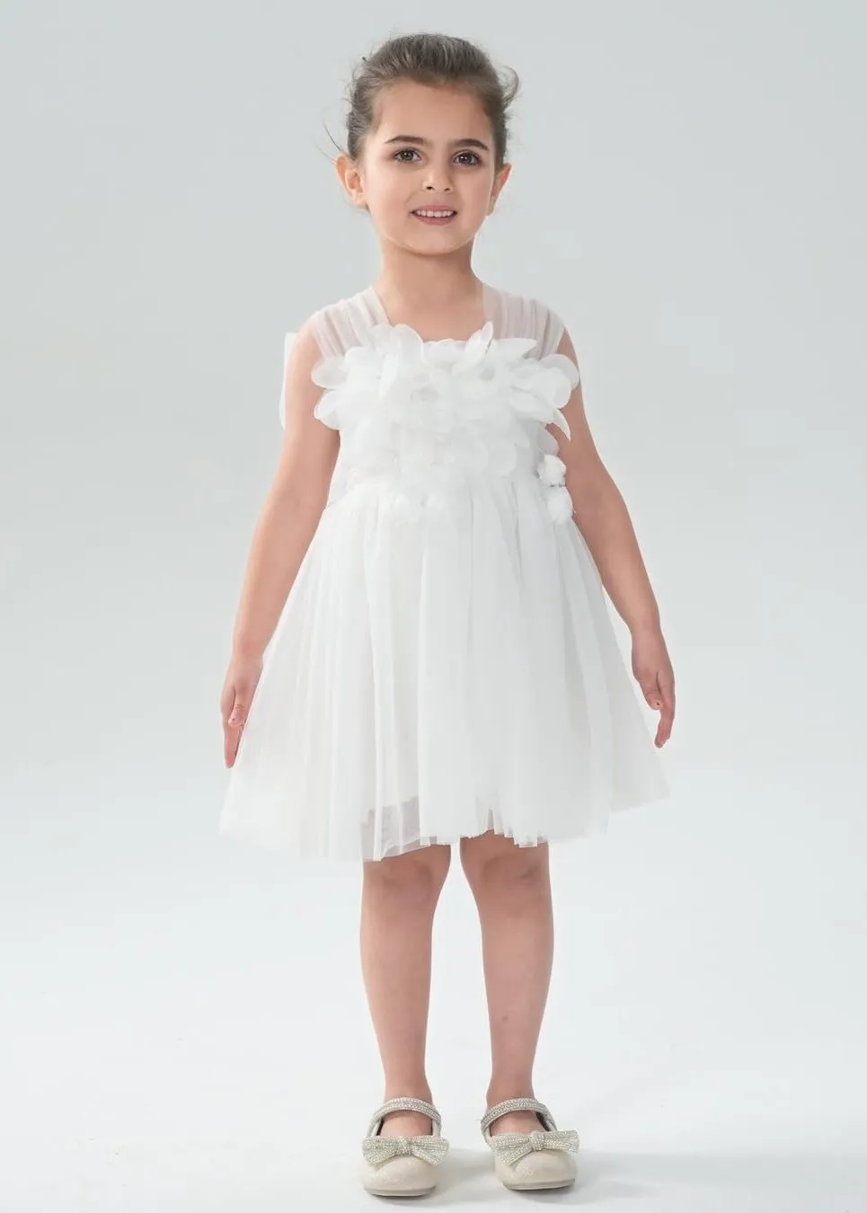 Lily Adjustable Strap Girl Dress in White 3D Flower Petal