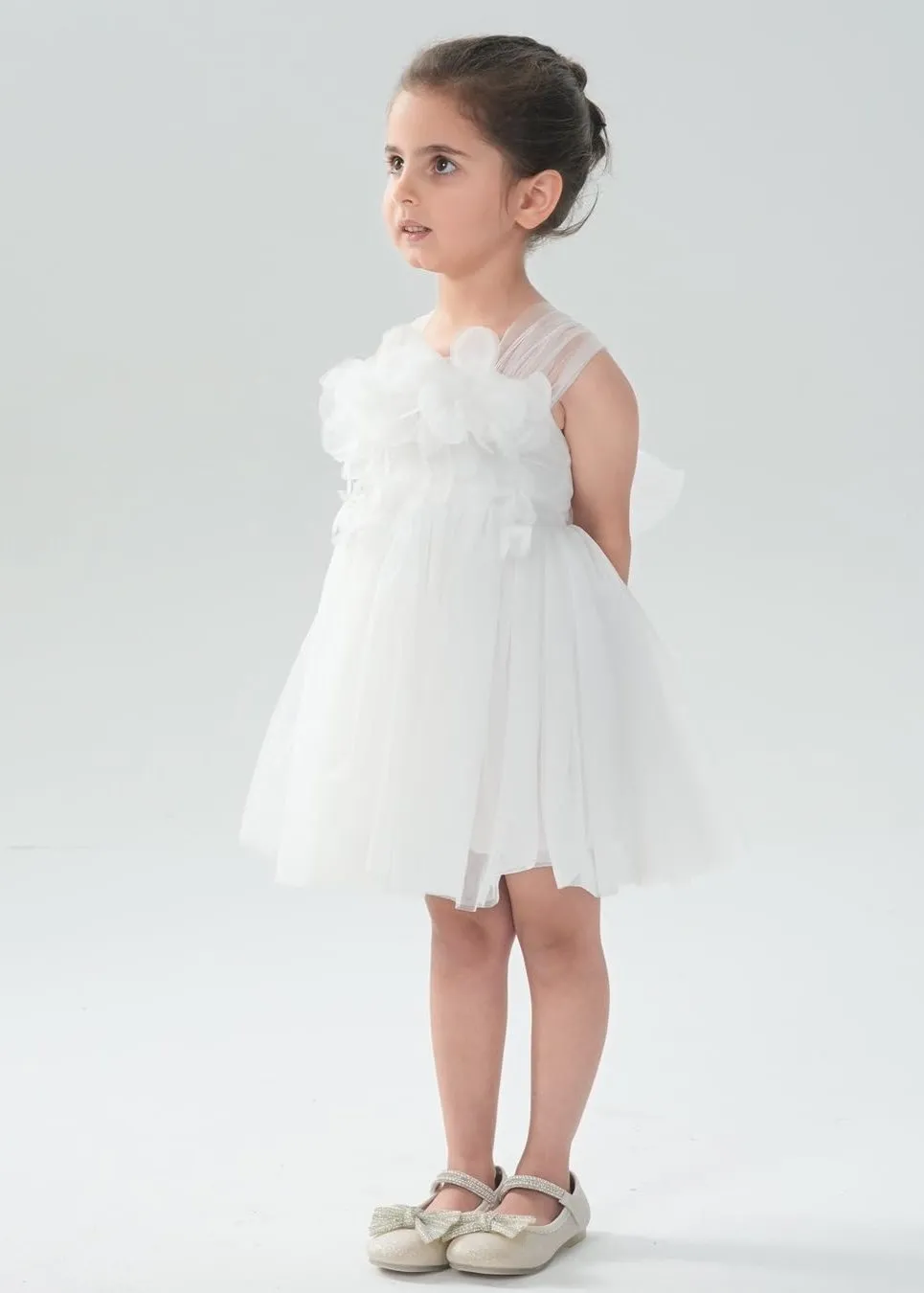 Lily Adjustable Strap Girl Dress in White 3D Flower Petal
