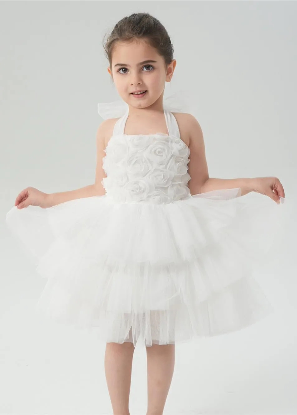 Lily Adjustable Strap Girl Dress in White 3D Flower