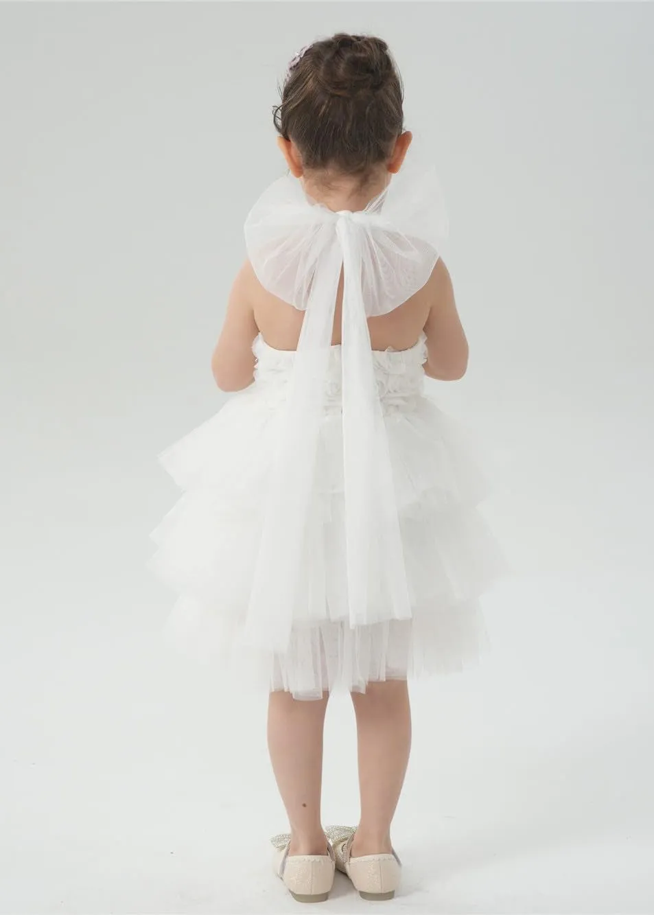 Lily Adjustable Strap Girl Dress in White 3D Flower