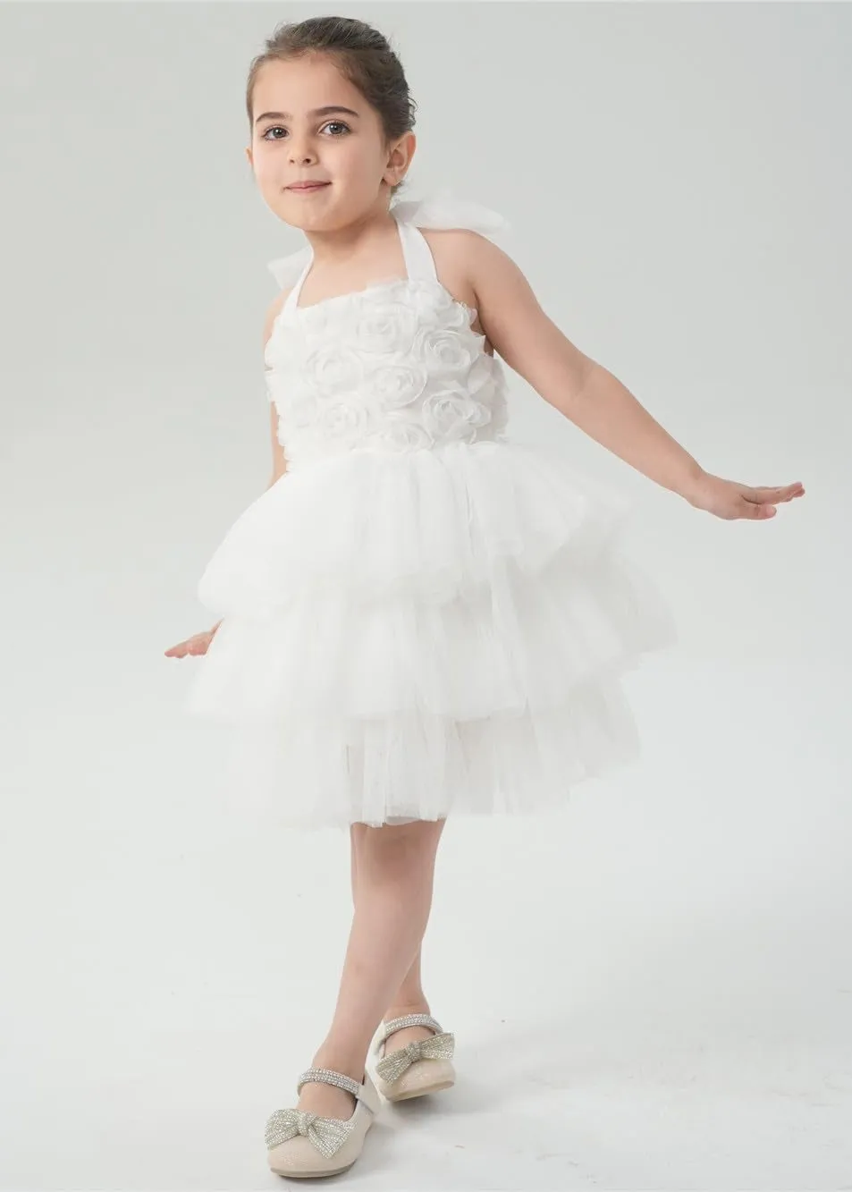 Lily Adjustable Strap Girl Dress in White 3D Flower