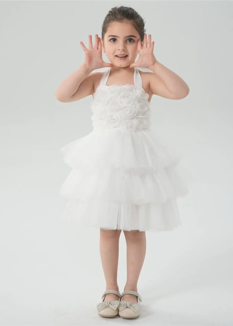 Lily Adjustable Strap Girl Dress in White 3D Flower