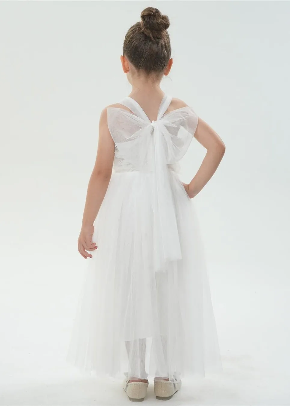 Lily Adjustable Strap Girl Dress in White Maxi 3D Flower