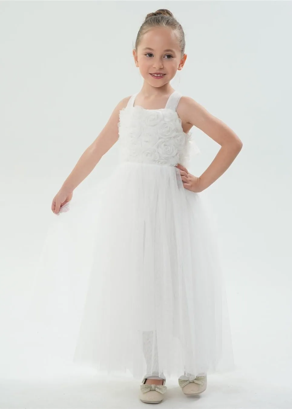 Lily Adjustable Strap Girl Dress in White Maxi 3D Flower