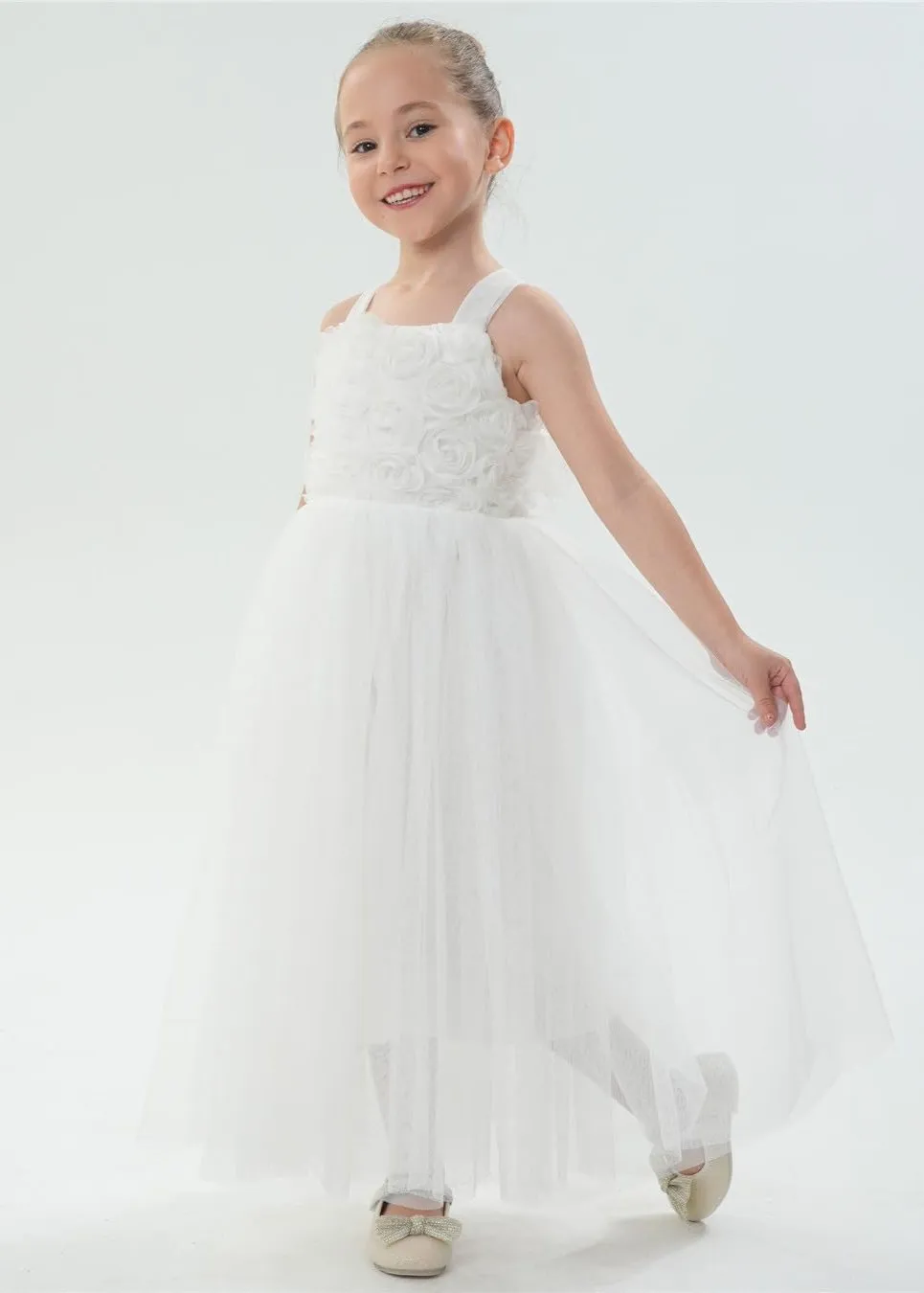 Lily Adjustable Strap Girl Dress in White Maxi 3D Flower
