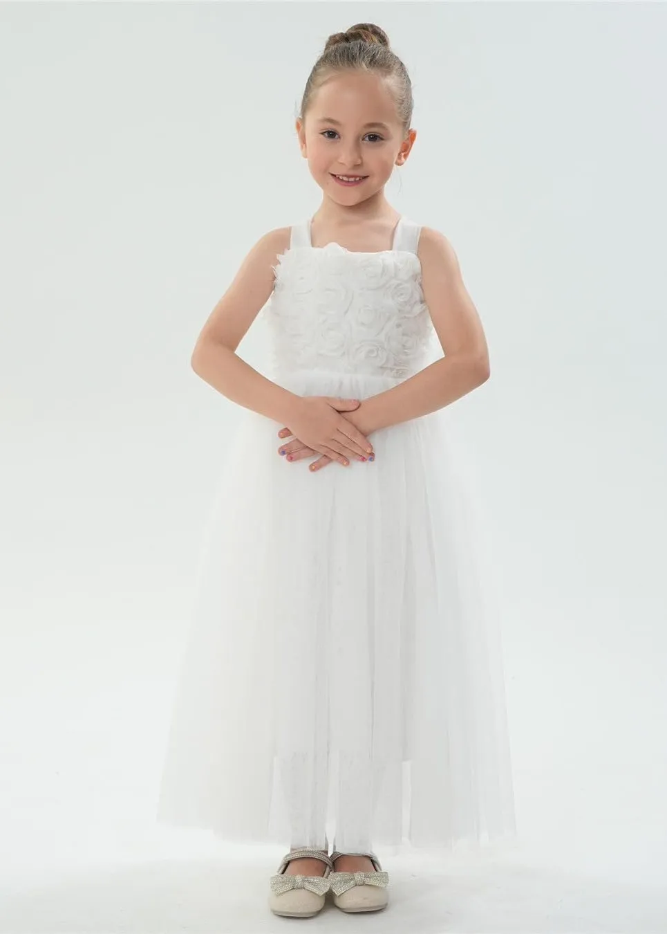 Lily Adjustable Strap Girl Dress in White Maxi 3D Flower