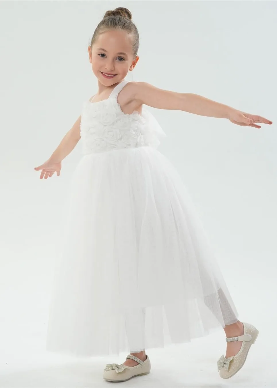 Lily Adjustable Strap Girl Dress in White Maxi 3D Flower