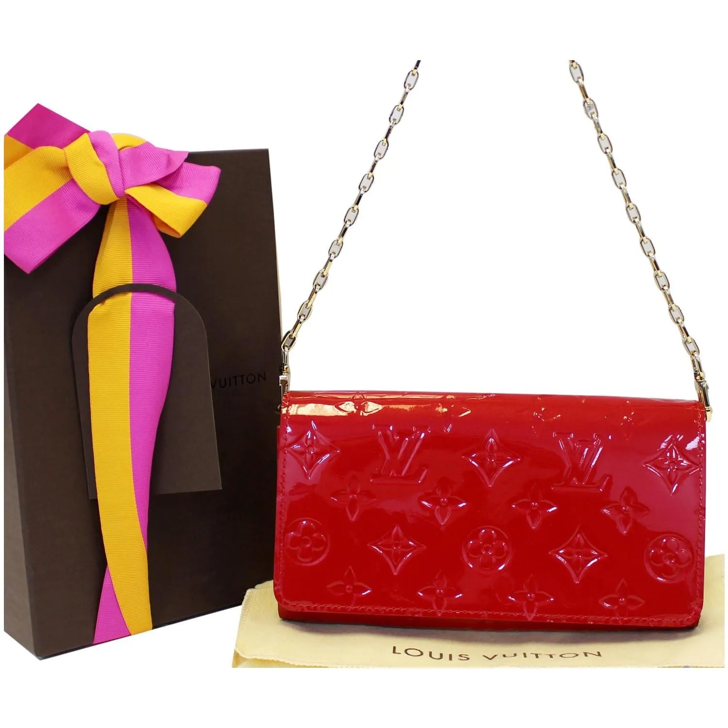 LOUIS VUITTON Sarah Vernis Leather Chain Wallet Red