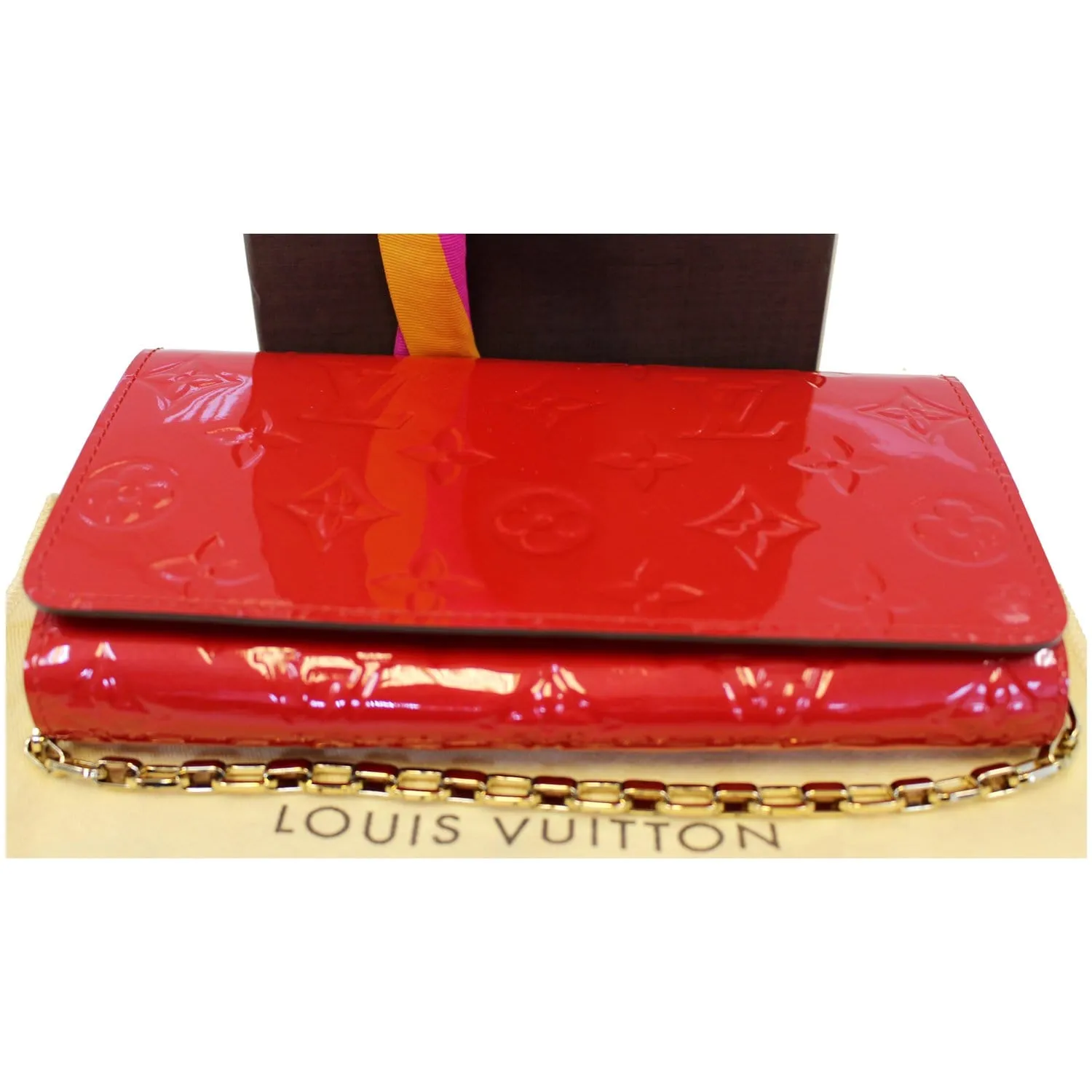 LOUIS VUITTON Sarah Vernis Leather Chain Wallet Red