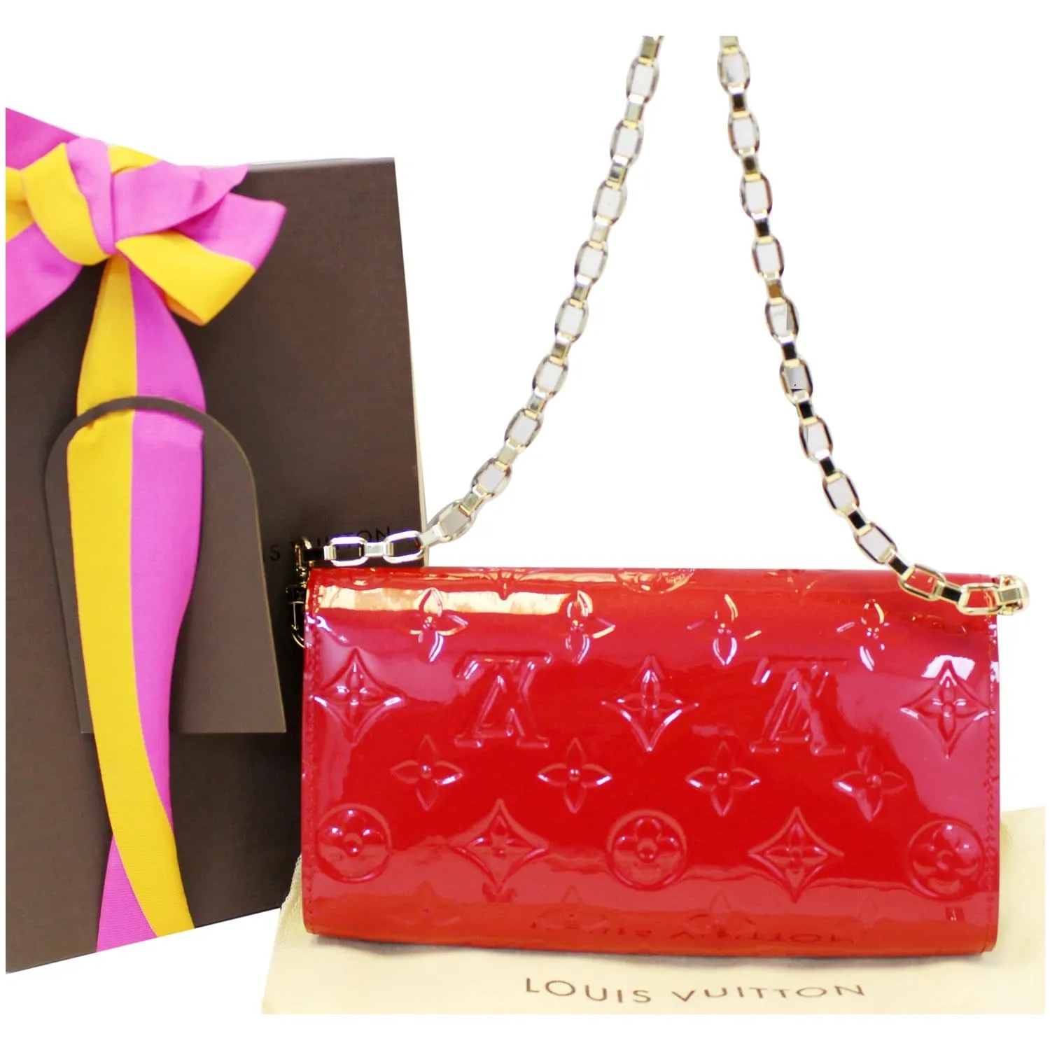 LOUIS VUITTON Sarah Vernis Leather Chain Wallet Red