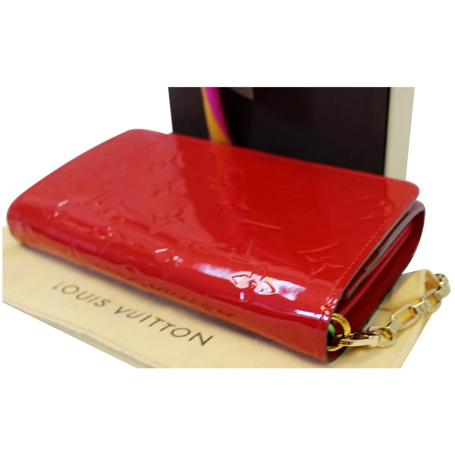 LOUIS VUITTON Sarah Vernis Leather Chain Wallet Red
