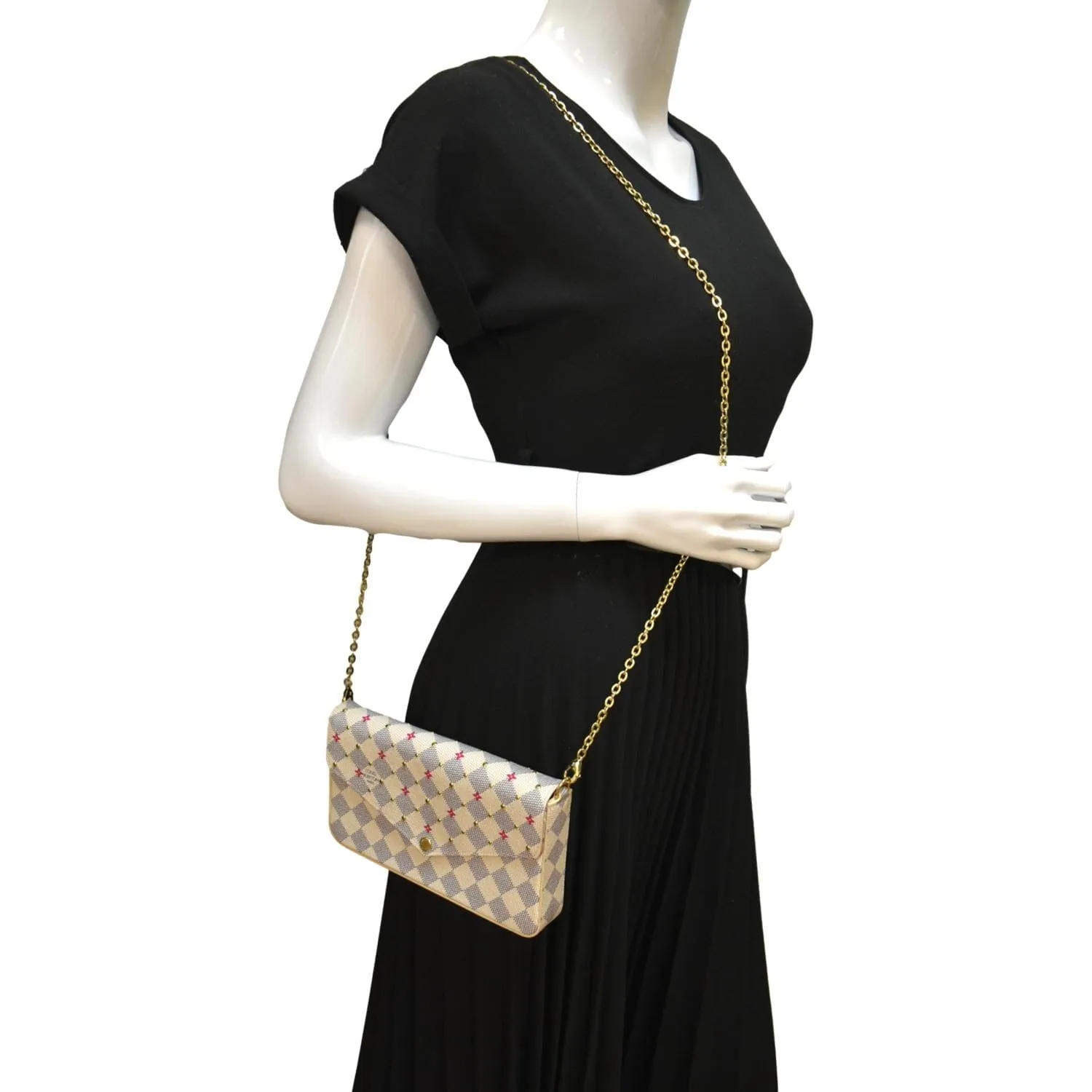 LOUIS VUITTON Studded Pochette Felicie Damier Azur Crossbody Bag White