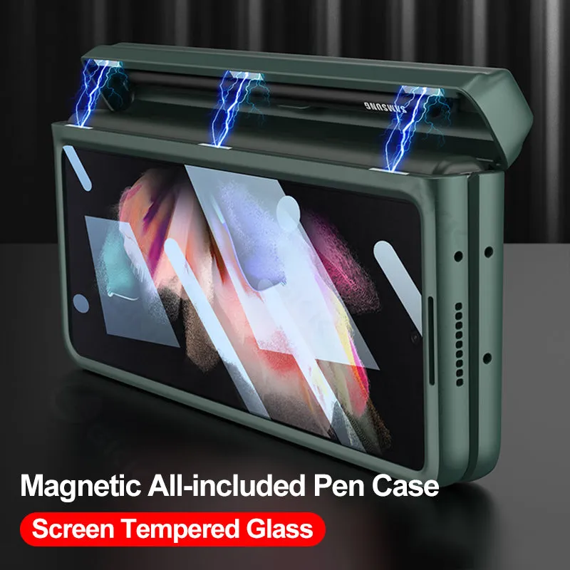 Magnetic Hinge All-included Pen Case For Samsung Galaxy Z Fold 3 Case Screen Tempered Glass Stand For Galaxy Z Fold3 Cover