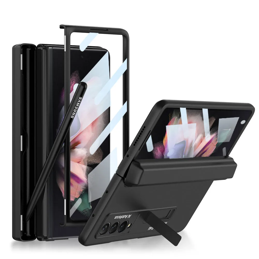 Magnetic Hinge All-included Pen Case For Samsung Galaxy Z Fold 3 Case Screen Tempered Glass Stand For Galaxy Z Fold3 Cover