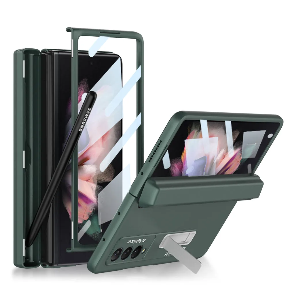 Magnetic Hinge All-included Pen Case For Samsung Galaxy Z Fold 3 Case Screen Tempered Glass Stand For Galaxy Z Fold3 Cover