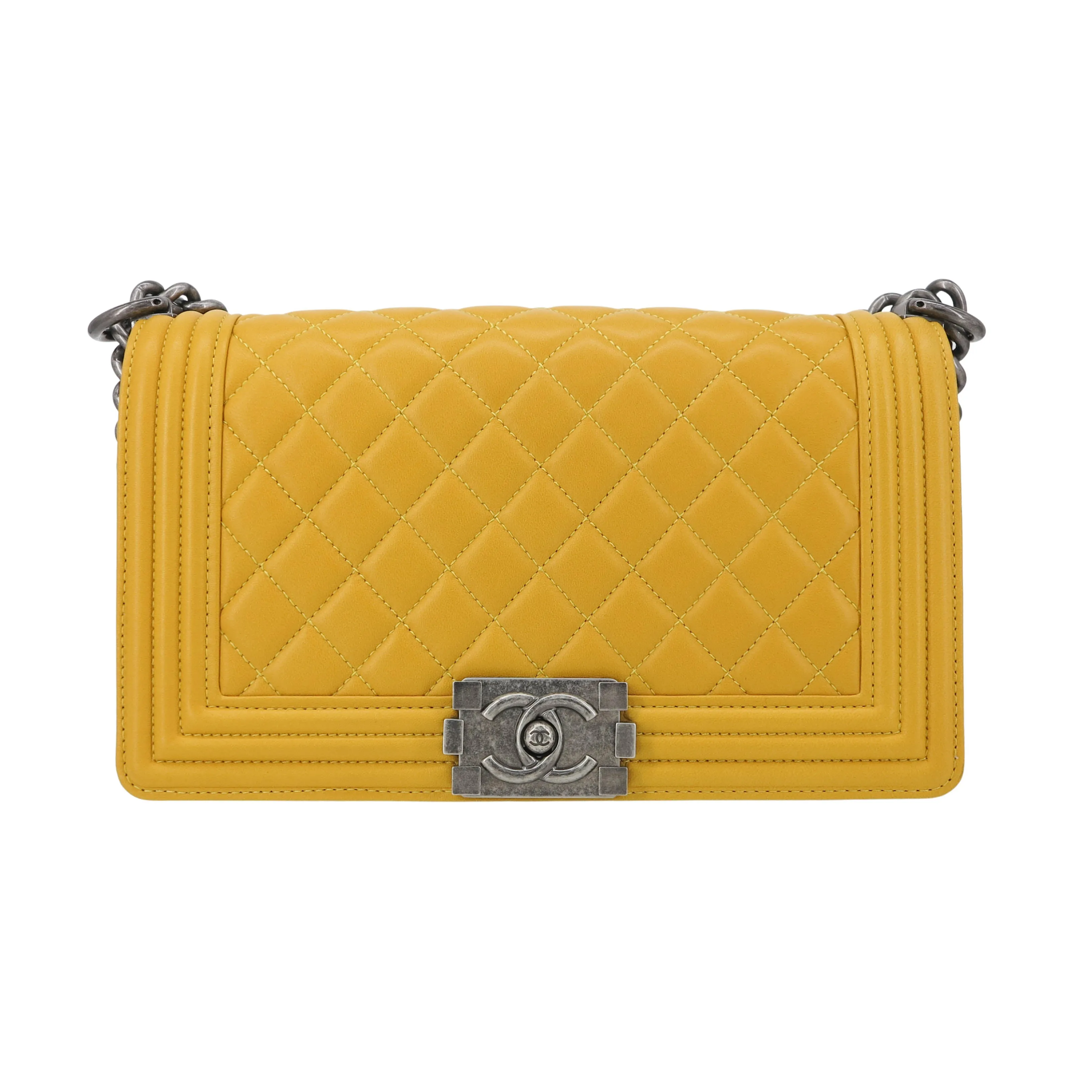 Medium Boy Flap Bag in Yellow Lambskin