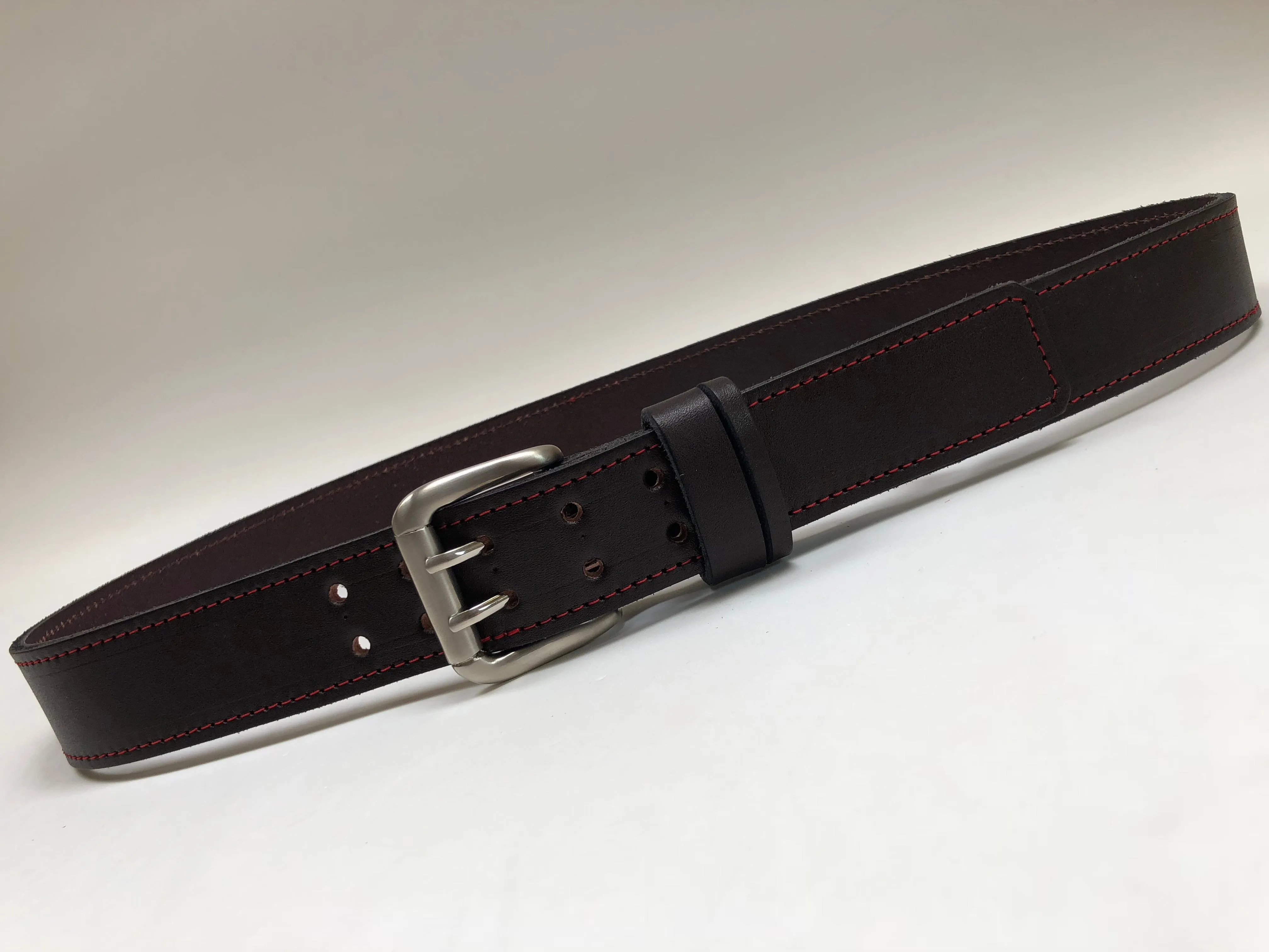 Men's Dark Brown Leather Belt with Red Stitching B1454