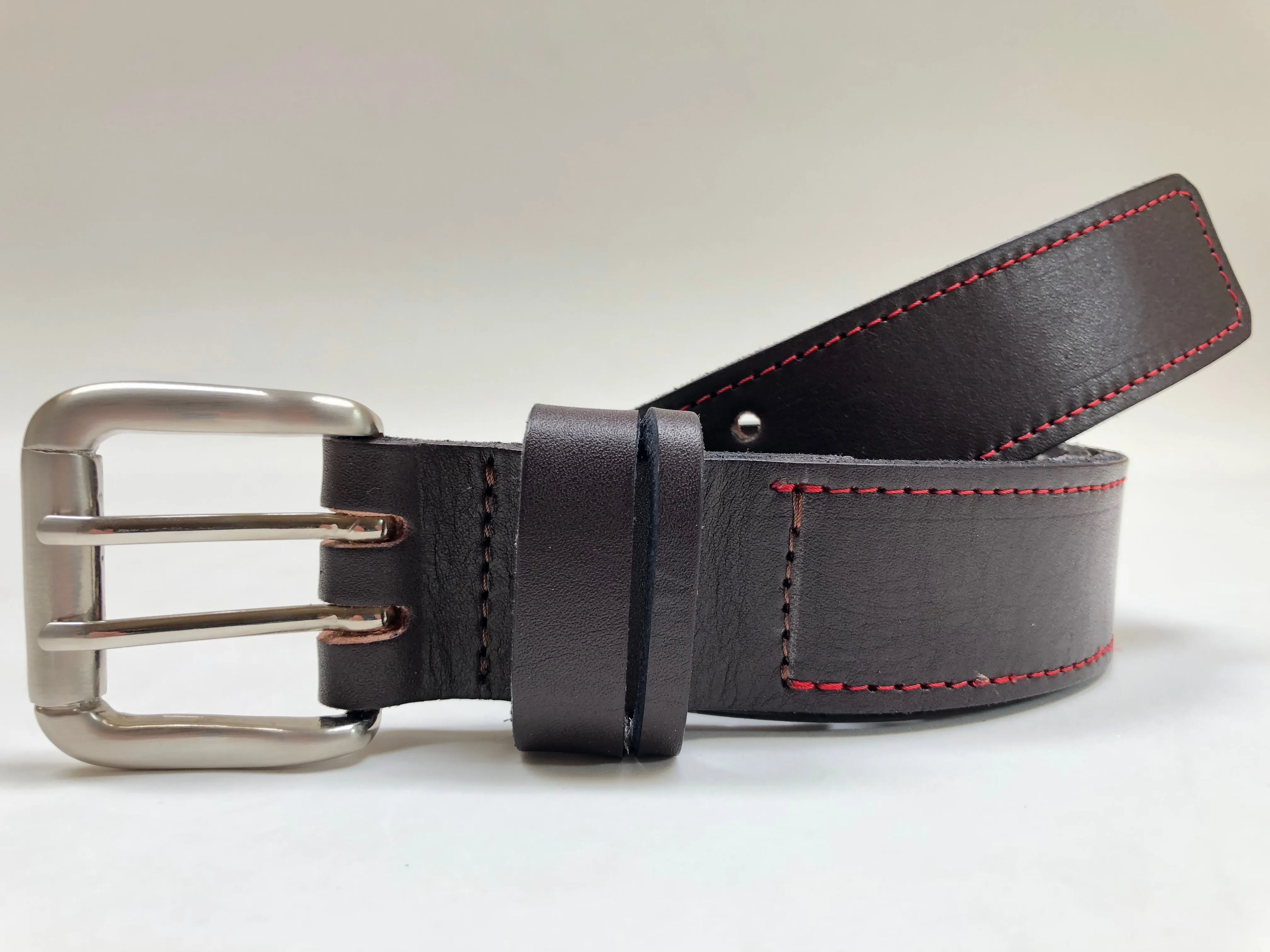 Men's Dark Brown Leather Belt with Red Stitching B1454