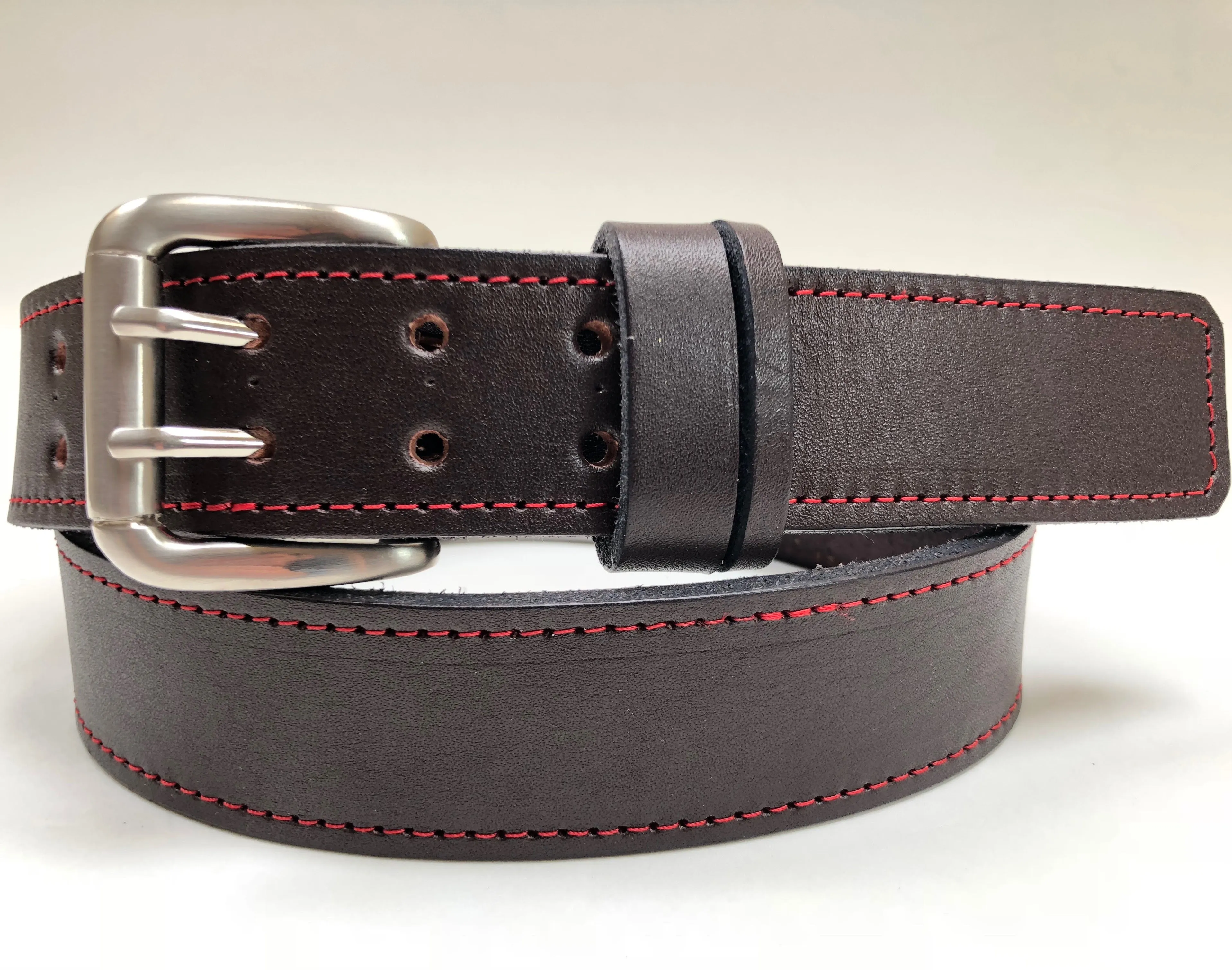 Men's Dark Brown Leather Belt with Red Stitching B1454