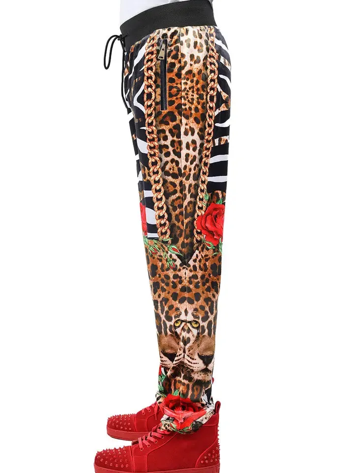 Men's Zippered Leopard Zebra Floral Chain Pant Set