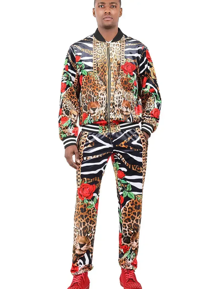 Men's Zippered Leopard Zebra Floral Chain Pant Set