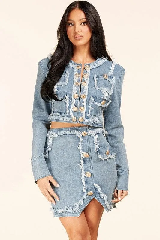 MILITARY STYLE DENIM JACKT AND SKIRT SET