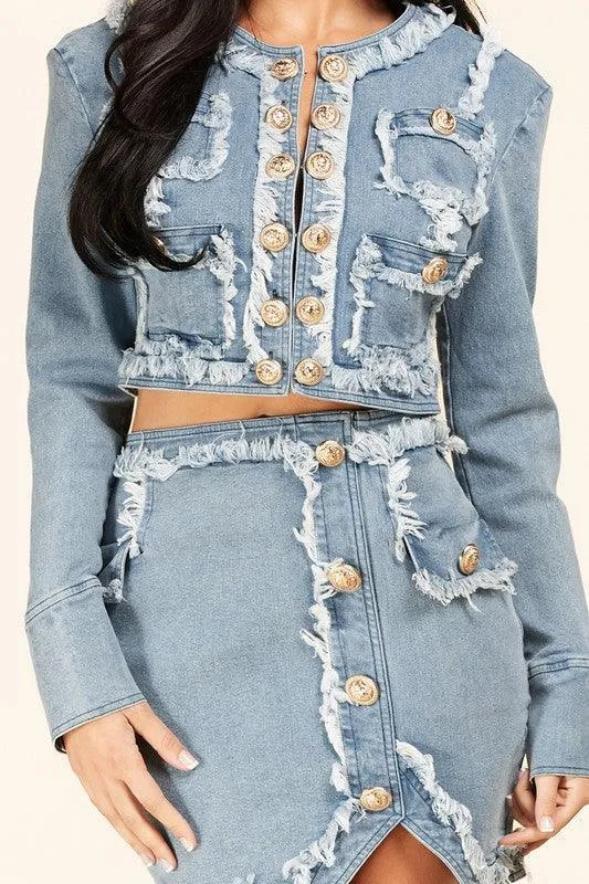 MILITARY STYLE DENIM JACKT AND SKIRT SET