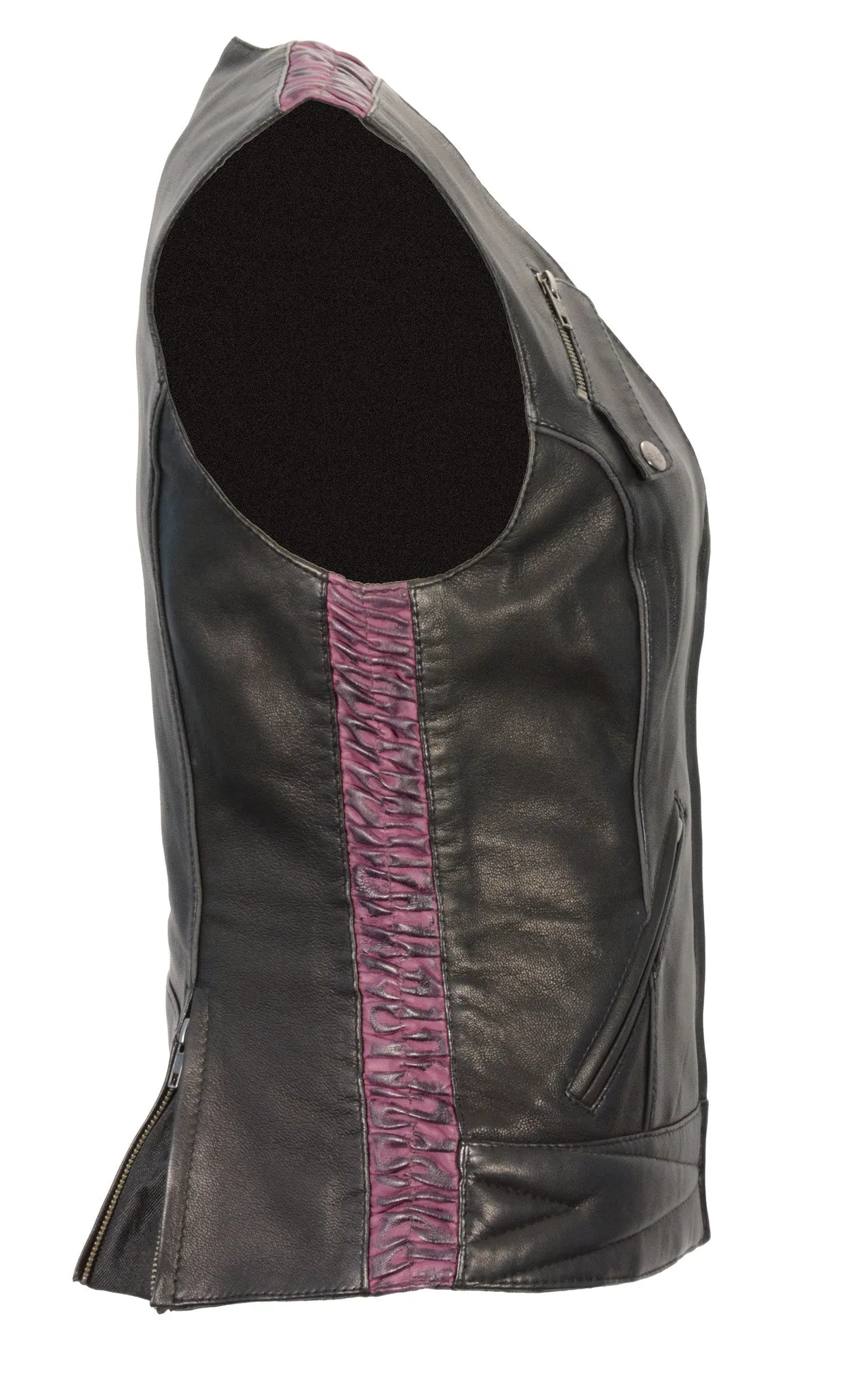 Motorcycle Ladies Vest with Crinkle Detailing & 2 Gun pockets inside and Single panel Back with reflective piping