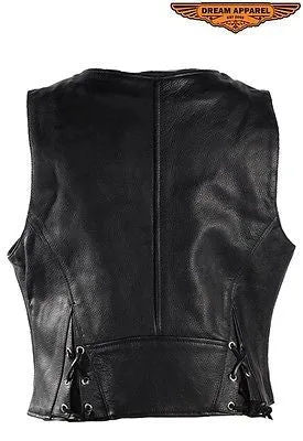 Motorcycle women's biker blk leather front zipper vest with 2 Gun pockets