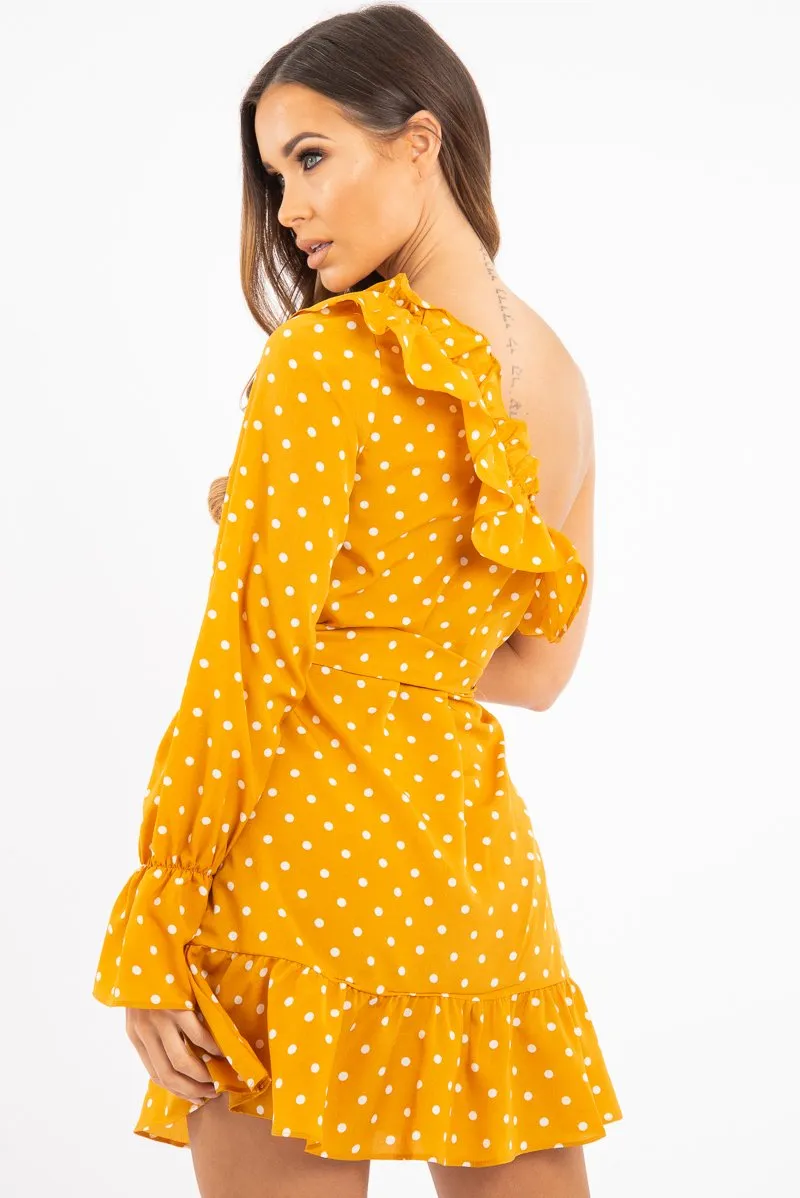 Mustard and White Polka Dot One Shoulder Frill Dress - Zyann