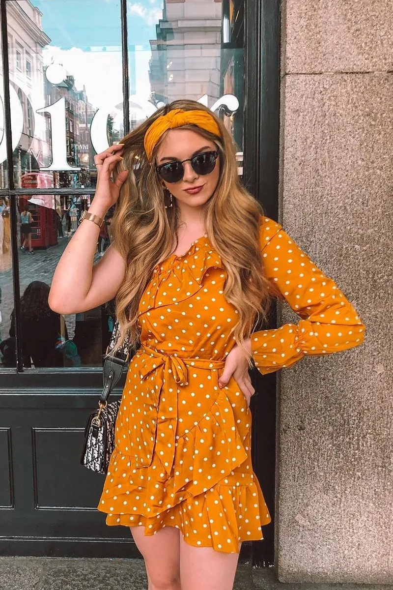 Mustard and White Polka Dot One Shoulder Frill Dress - Zyann