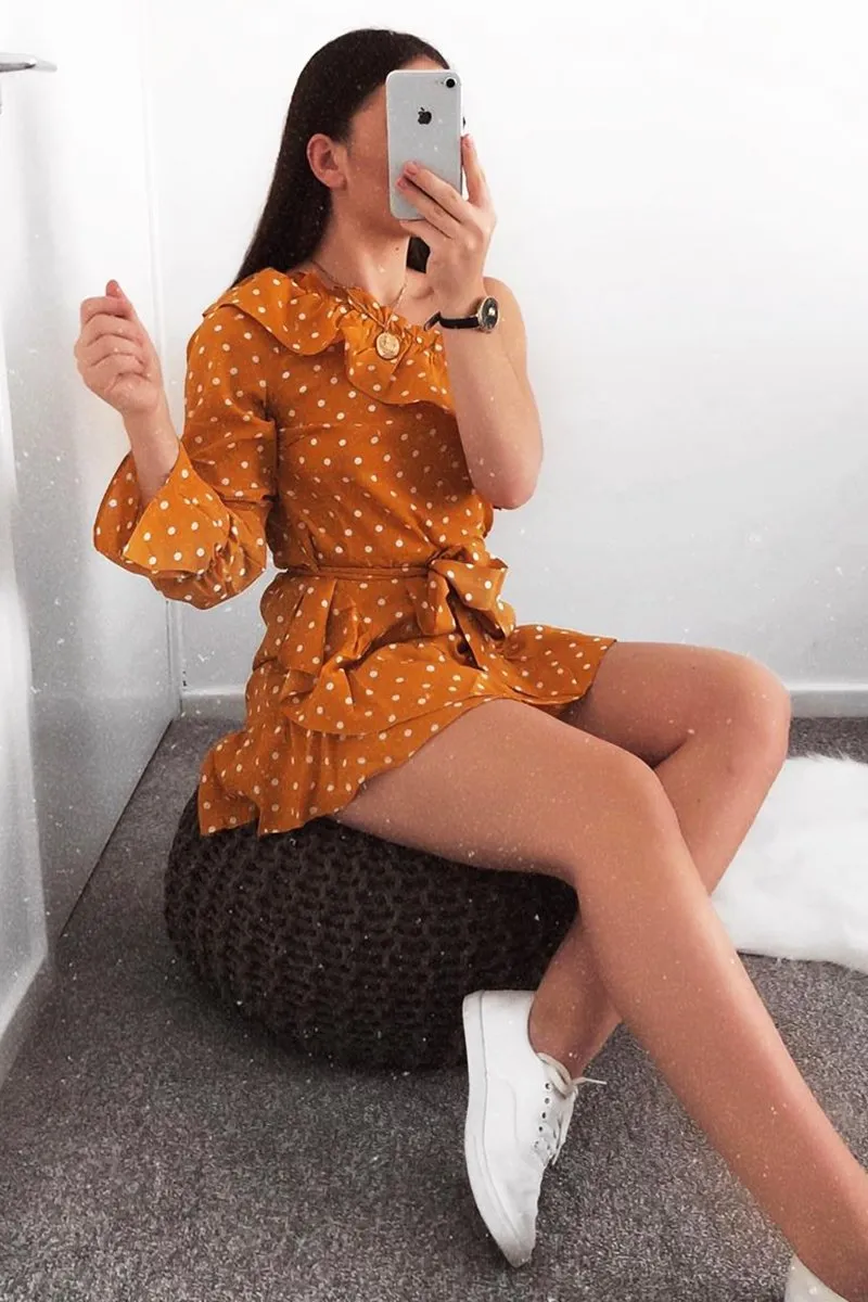 Mustard and White Polka Dot One Shoulder Frill Dress - Zyann