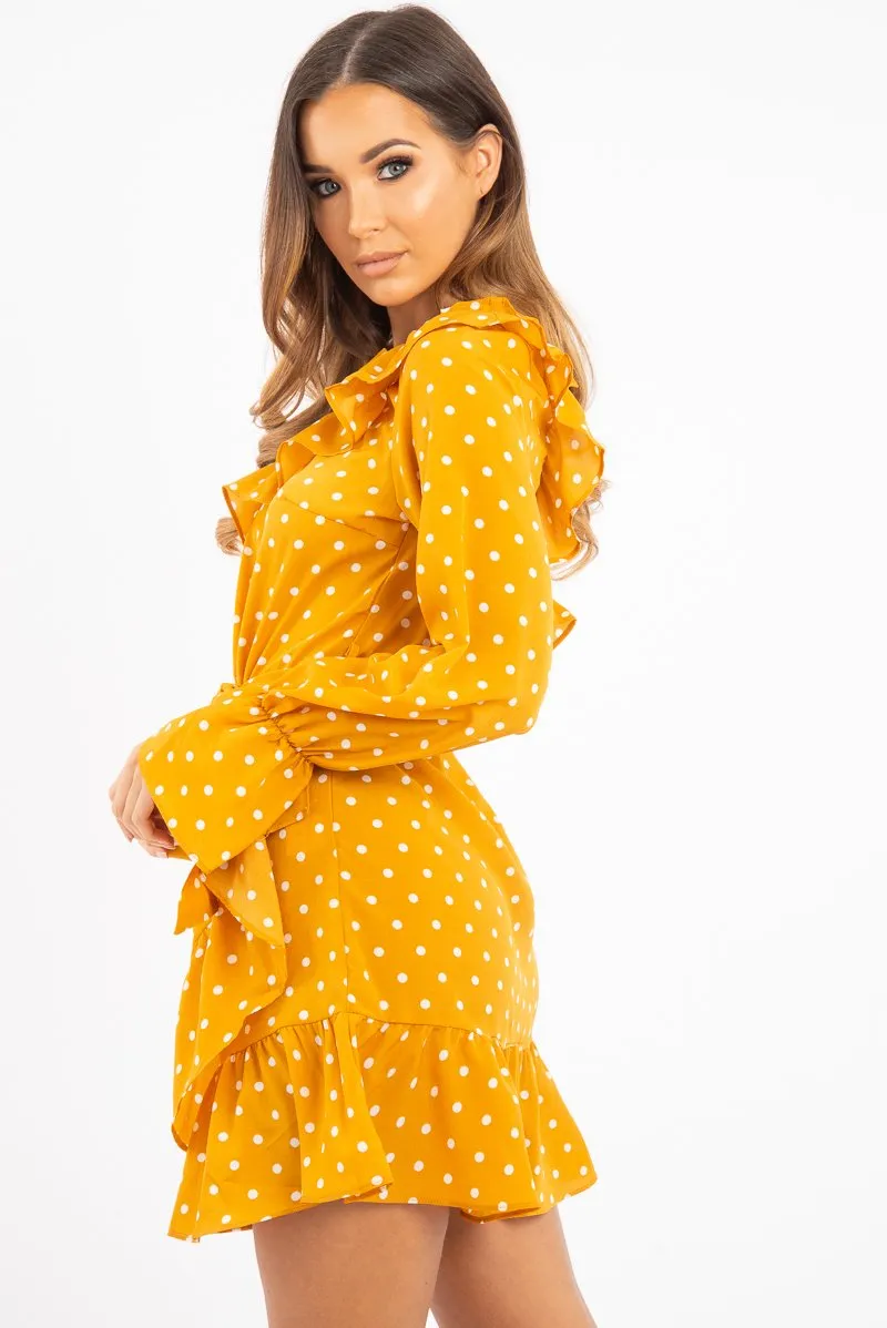 Mustard and White Polka Dot One Shoulder Frill Dress - Zyann