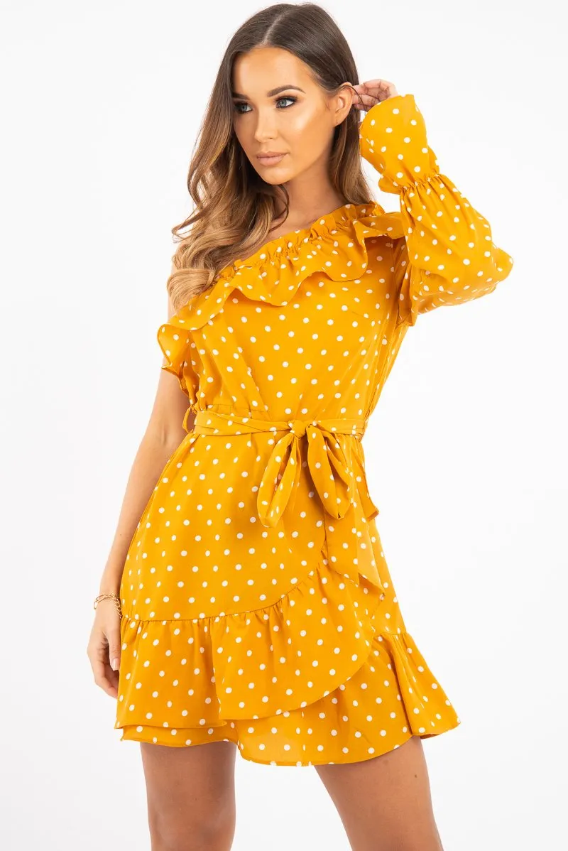 Mustard and White Polka Dot One Shoulder Frill Dress - Zyann