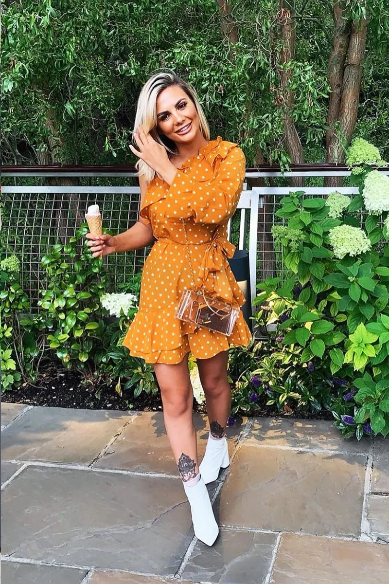 Mustard and White Polka Dot One Shoulder Frill Dress - Zyann