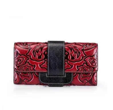 New women genuine leather bag designer brands fashion woven pattern women embossing Embossed buckle long wallets clutch bags