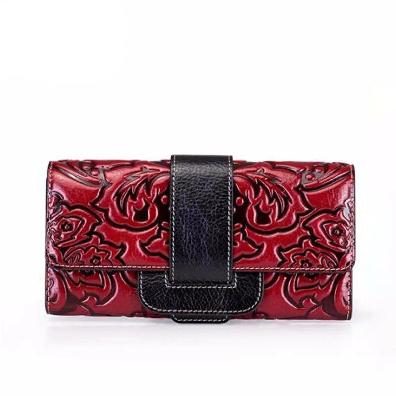 New women genuine leather bag designer brands fashion woven pattern women embossing Embossed buckle long wallets clutch bags