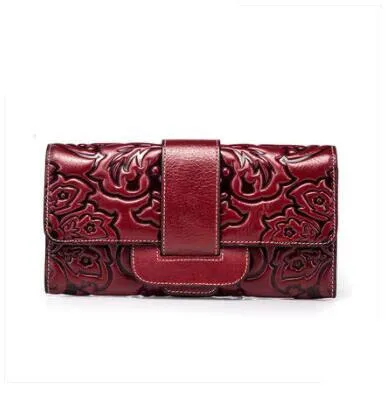 New women genuine leather bag designer brands fashion woven pattern women embossing Embossed buckle long wallets clutch bags